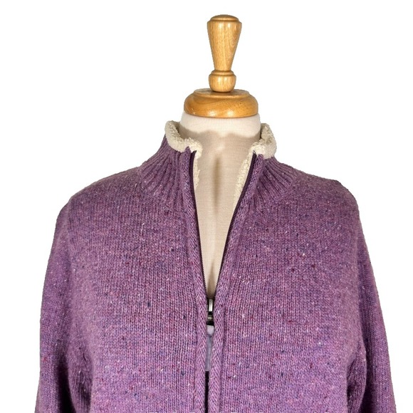 LL Bean Women M Lambswool Zip Up Jacket Purple Wool Sherpa Lined Warm Layer‎ - Picture 1 of 5
